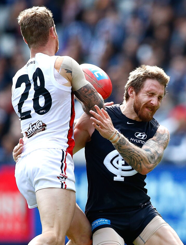 AFL 2016 Rd 20 - Carlton v St Kilda MELBOURNE, AUSTRALIA - AUGUST 07: Tim Membrey of the Saints is tackled by Zach Tuohy of the Blues during the 2016 AFL Round 20 match between the Carlton Blues and the St Kilda Saints at the Melbourne Cricket Ground on August 07, 2016 in Melbourne, Australia. (Photo by Adam Trafford/AFL Media)